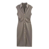 LIZAKOSHT  -  Elegant Long Dress Women 2025 New Summer Chic Sleeveless Ruched Single Breasted Midi Dresses Office Lady Vintage Causal Dress